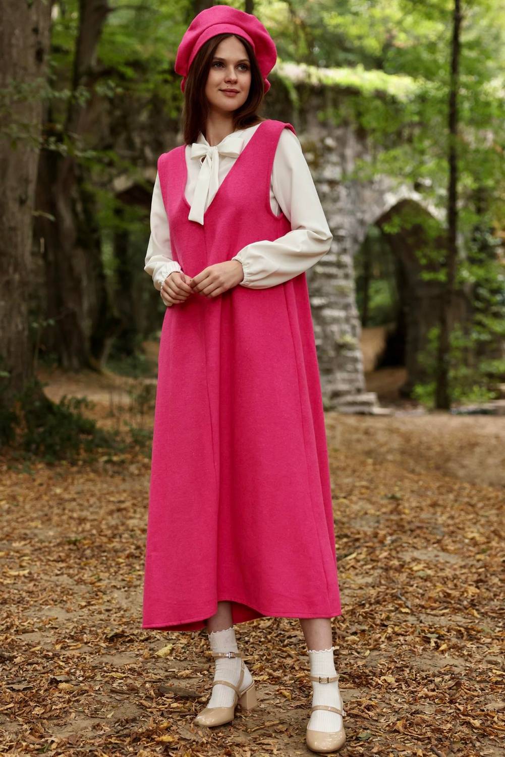 Pink Stamp Long Winter V-Neck Gilet Dress and Hat