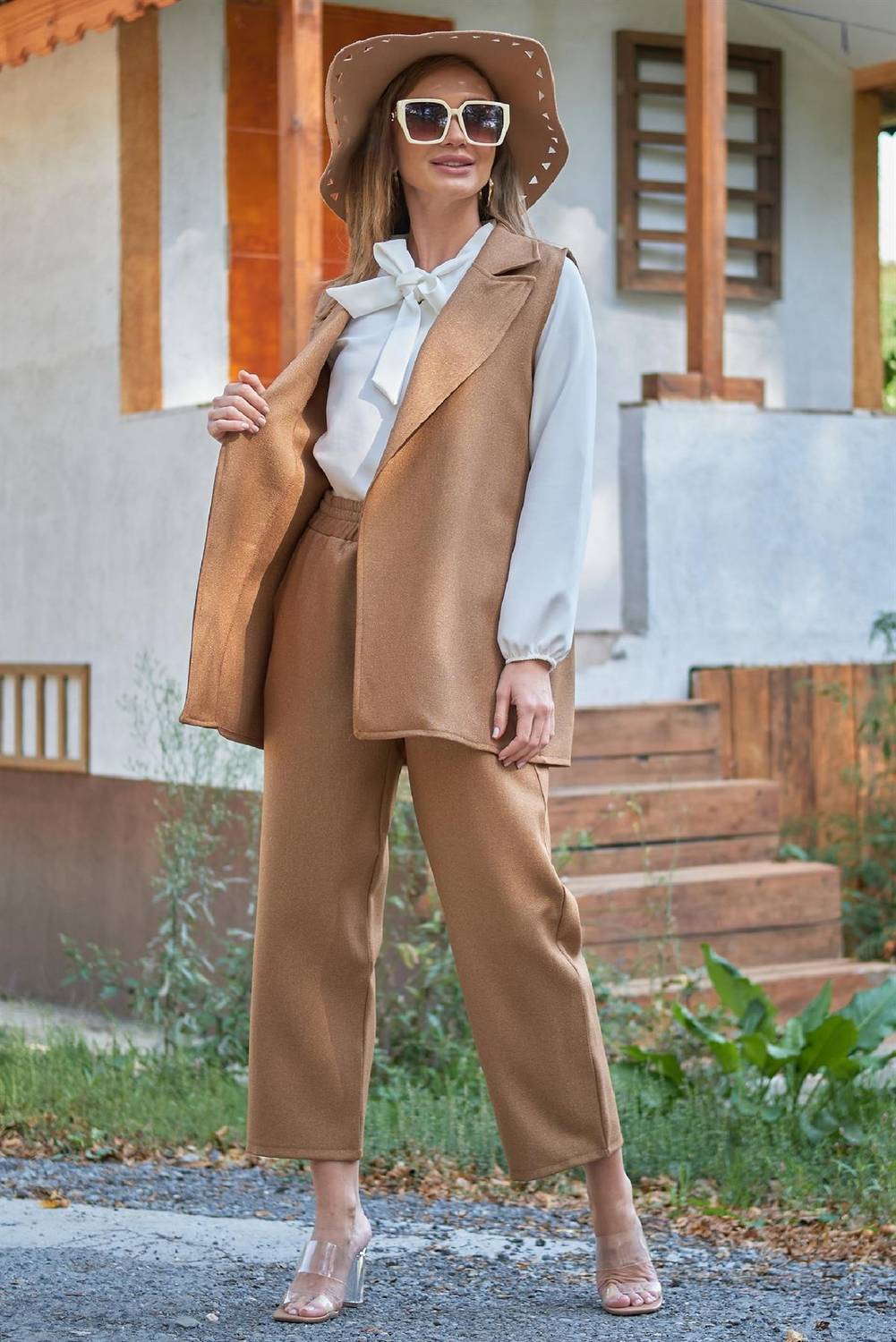 Tan Color Wool Effect Winter Vest and Trousers Set