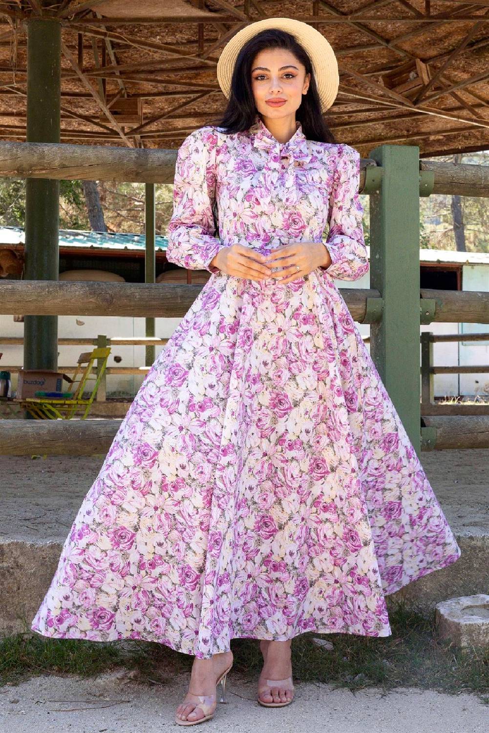 Hijab Pink Pastel Floral Halter Neck Flared Dress