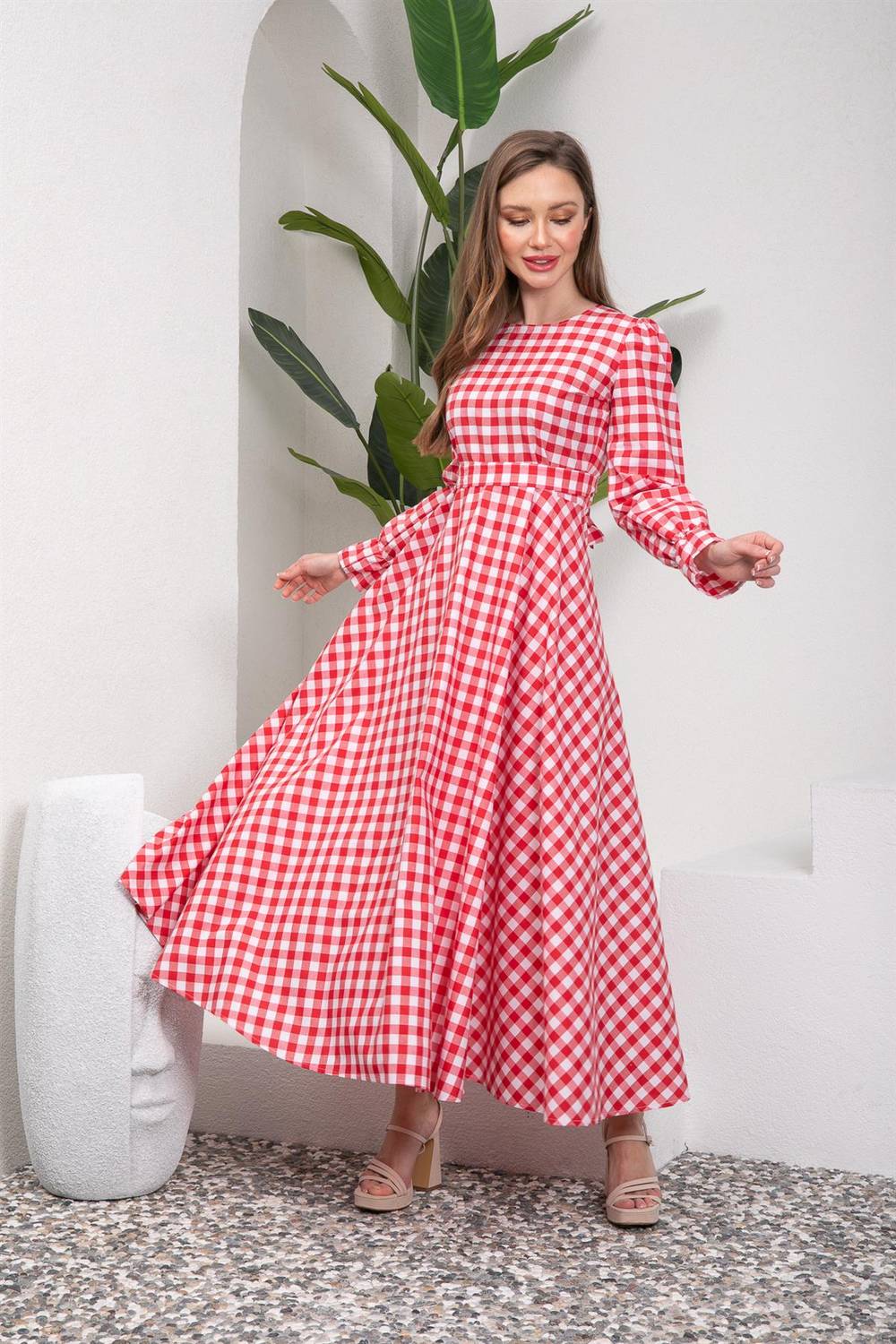 Tesettür Kırmızı Pötikare Kloş Elbise