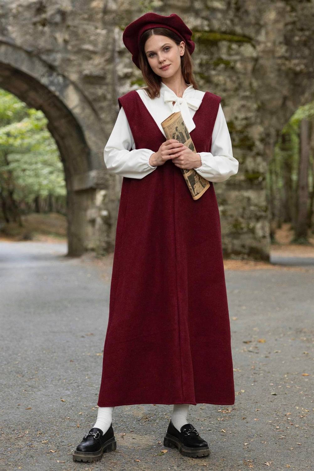 Бордова зимова сукня з воротом V та капелюшком, кашемірова тканина, розміри S-XXXL, повна, не просвічує, ідеальна для холодної погоди