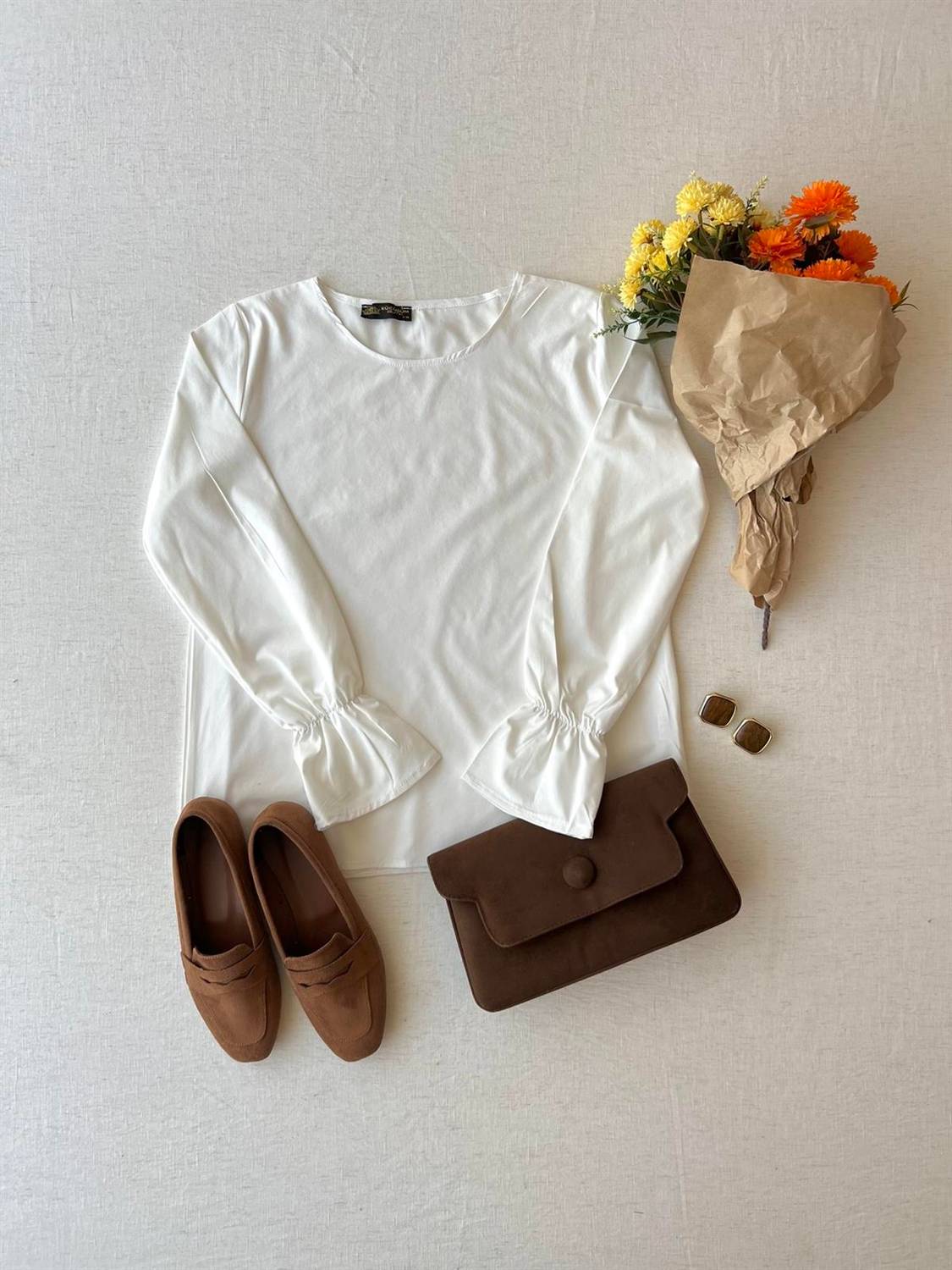 White Crepe Blouse with Elastic Sleeves