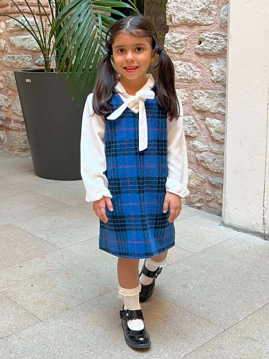 GIRL'S BLUE BLACK PLAID PATTERNED GIRL DRESS