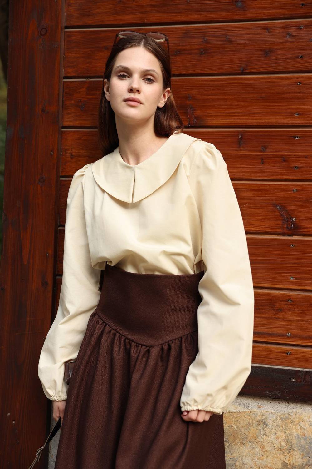 Vintage krem rengi poplin Bebe Yaka blouse