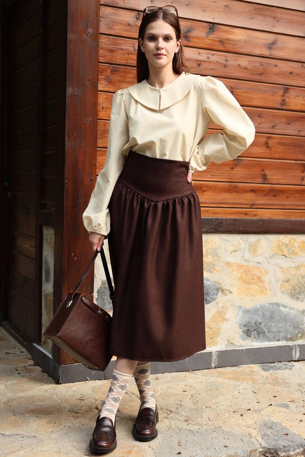 Vintage Belted Brown Wool Effect Skirt