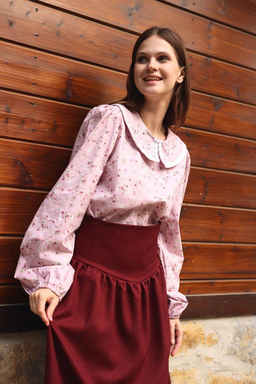  Vintage Pink-Burgundy Floral Baby Collar Poplin Blouse