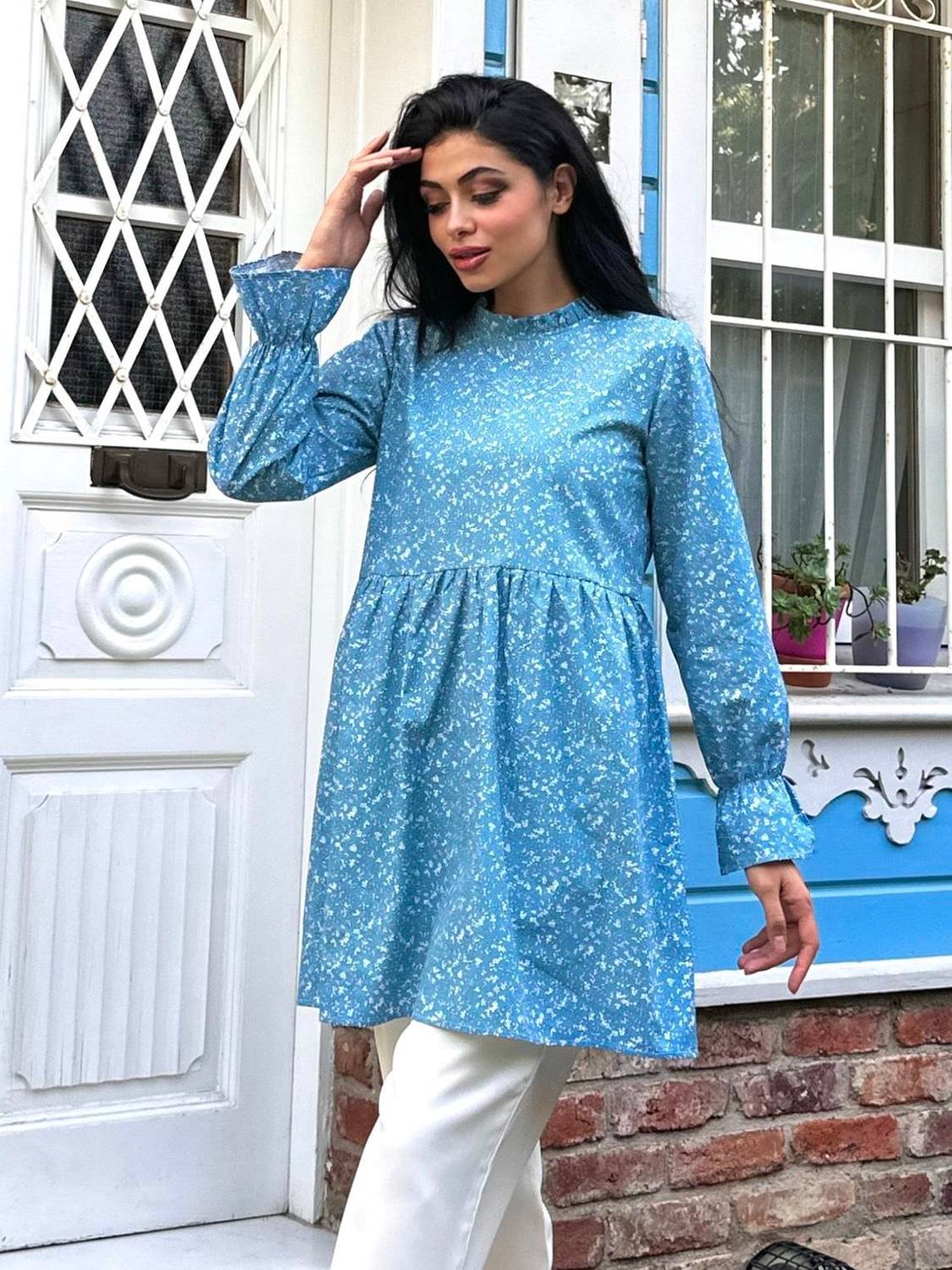 Ruffle Collar Blue Poplin Tunic