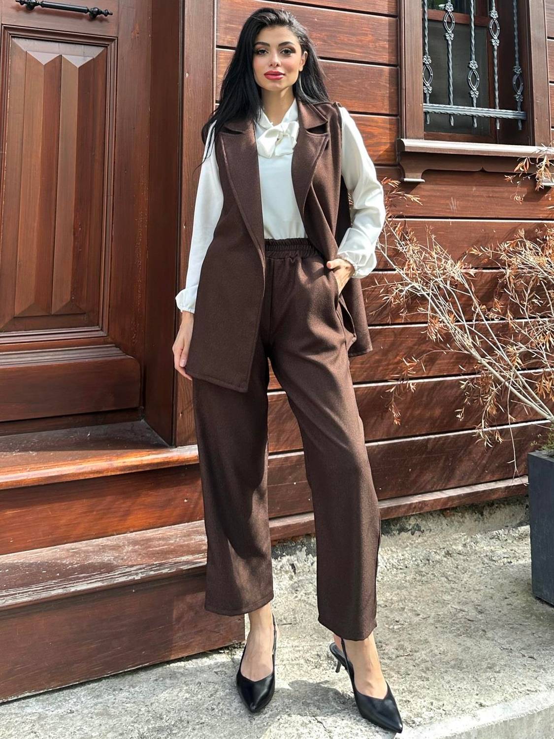 Коричневий жилет з вовняного ефекту та штани 2 в 1, тканина: 80% поліестер, 20% бавовна, розміри 36-38, 40-42, 44-46