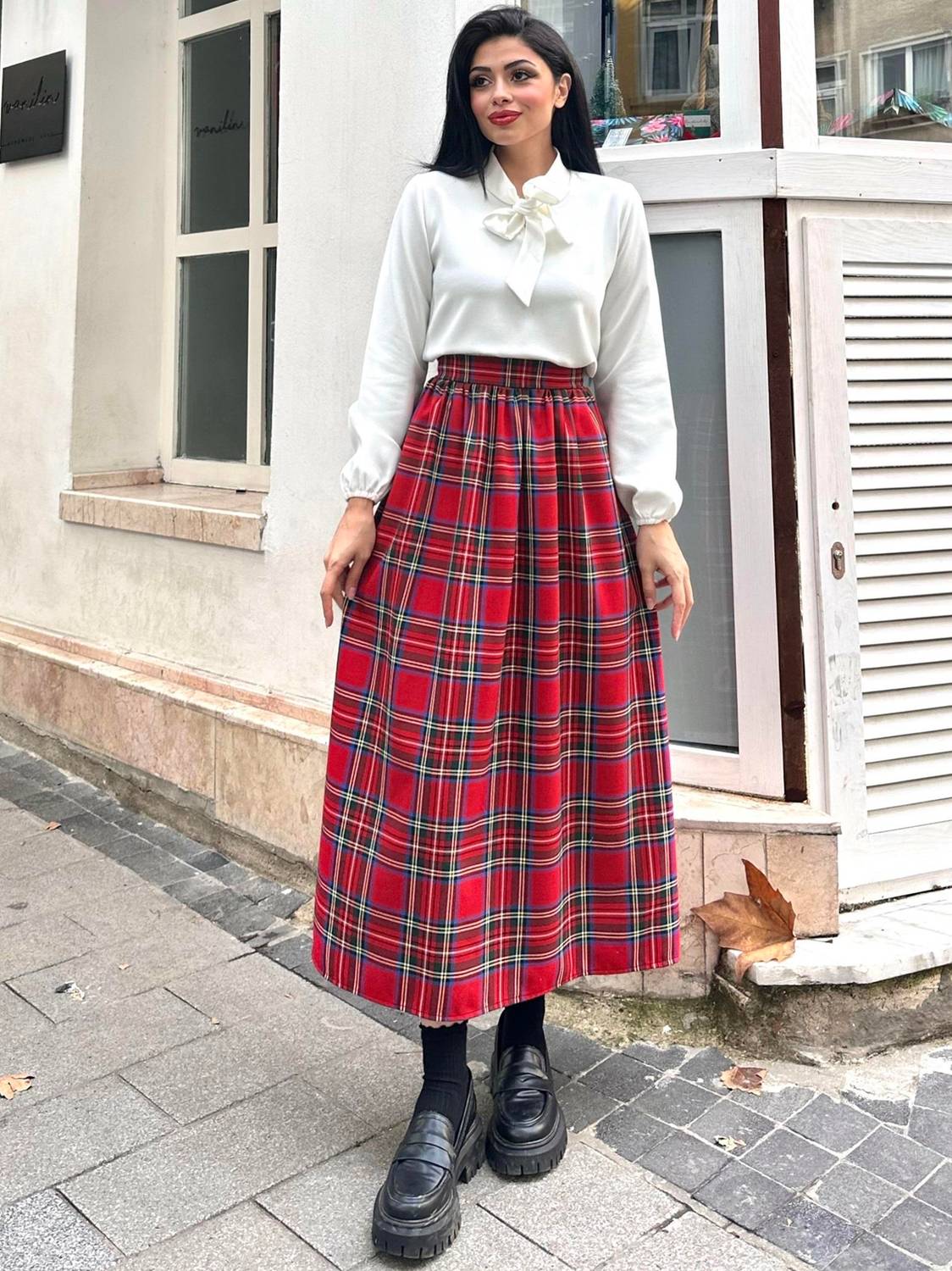 Kırmızı Ekose Belden Büzgülü Uzun Etek