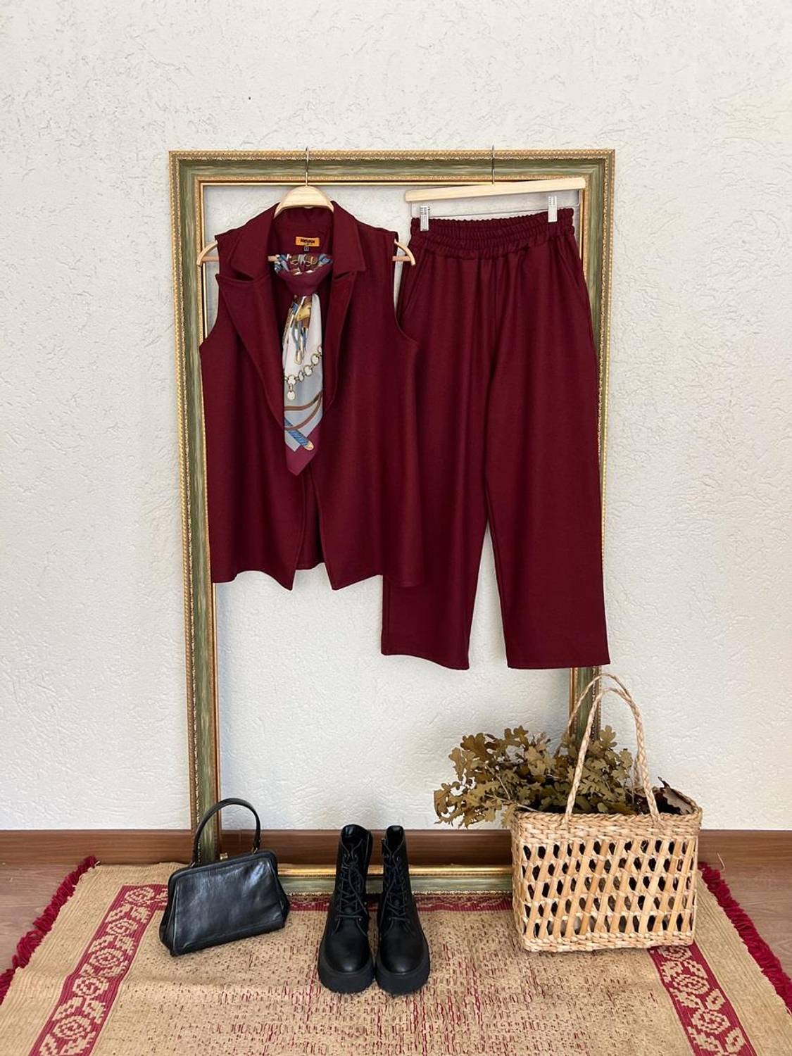 Burgundy Color Wool Effect Vest-Pants Set of 2