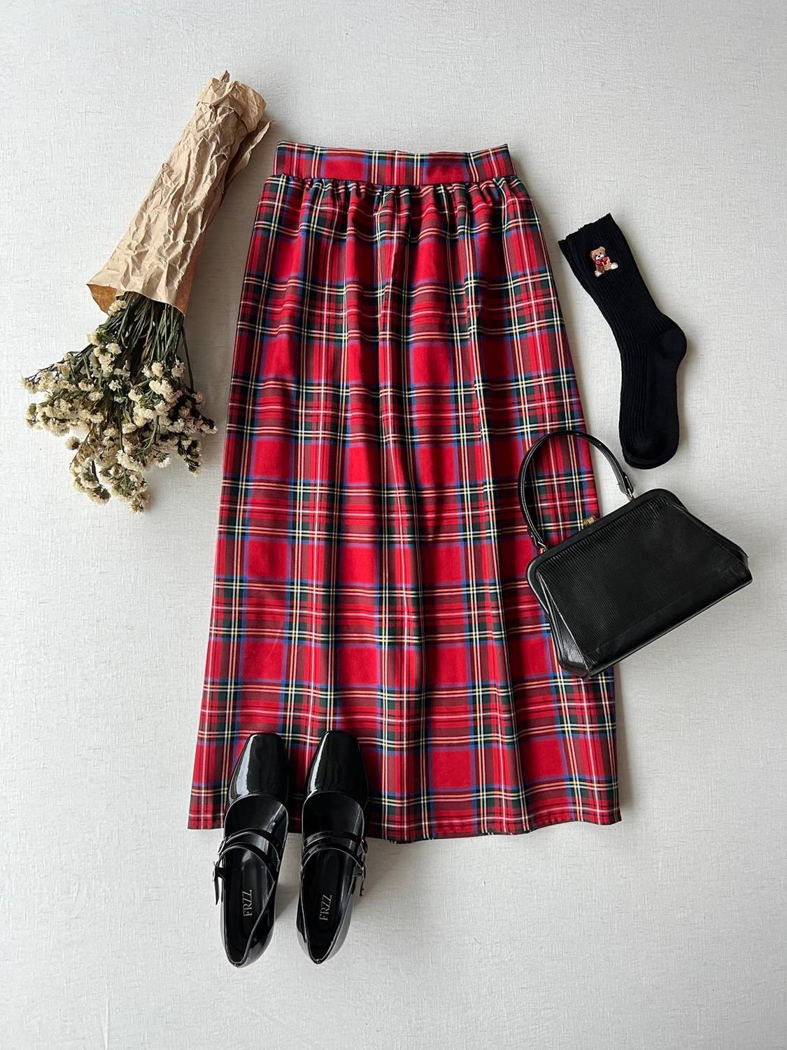 Kırmızı Ekose Belden Büzgülü Uzun Etek