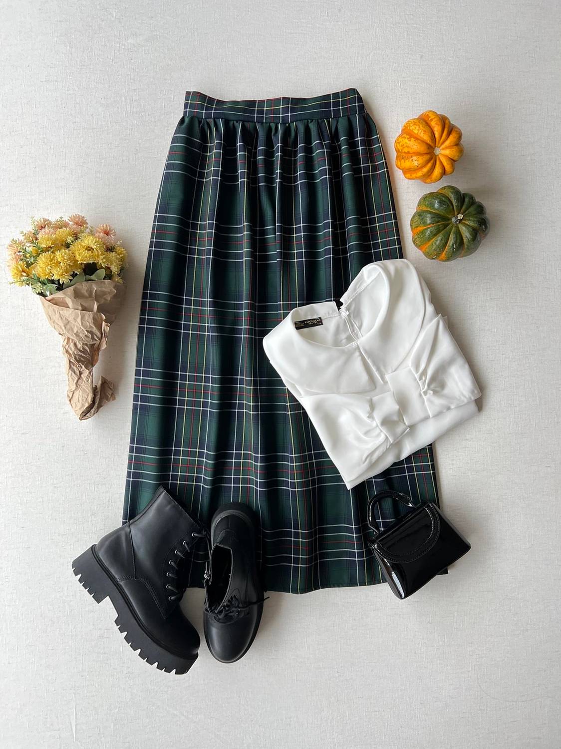 Yeşil Ekose Belden Büzgülü Uzun Etek