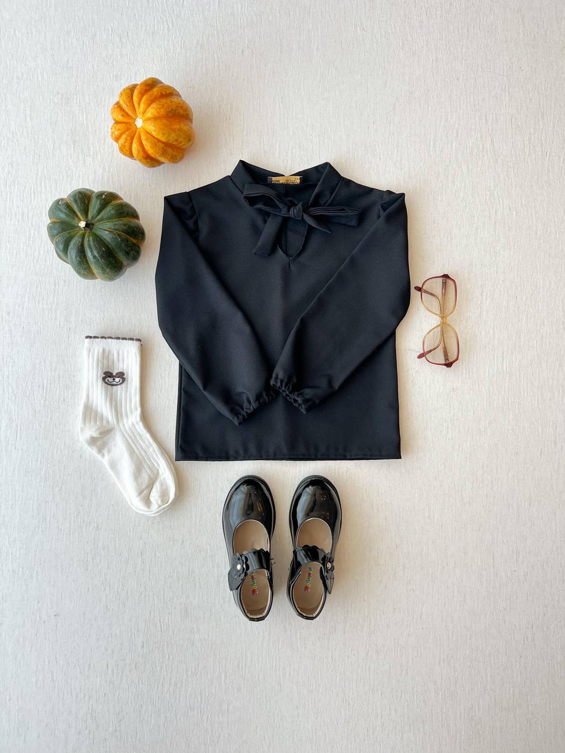 Boyundan Bağlamalı Kız Çocuk Siyah Krep Bluz