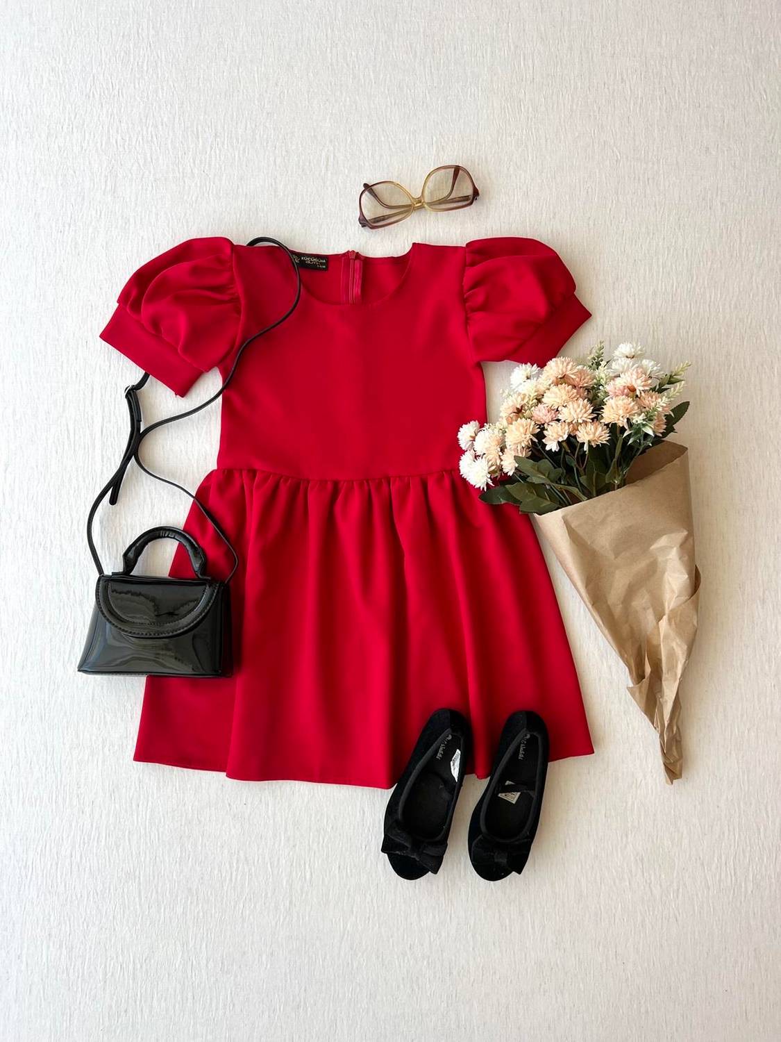 Kırmızı Karpuz Kol Kız Çocuk Krep Elbise