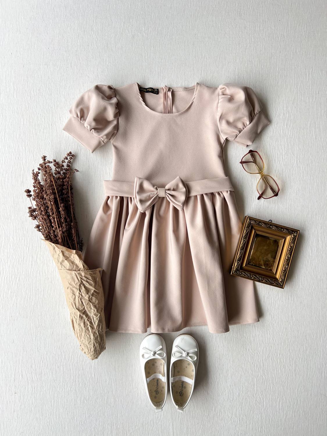 Beige Watermelon Sleeve Girl's Crepe Dress