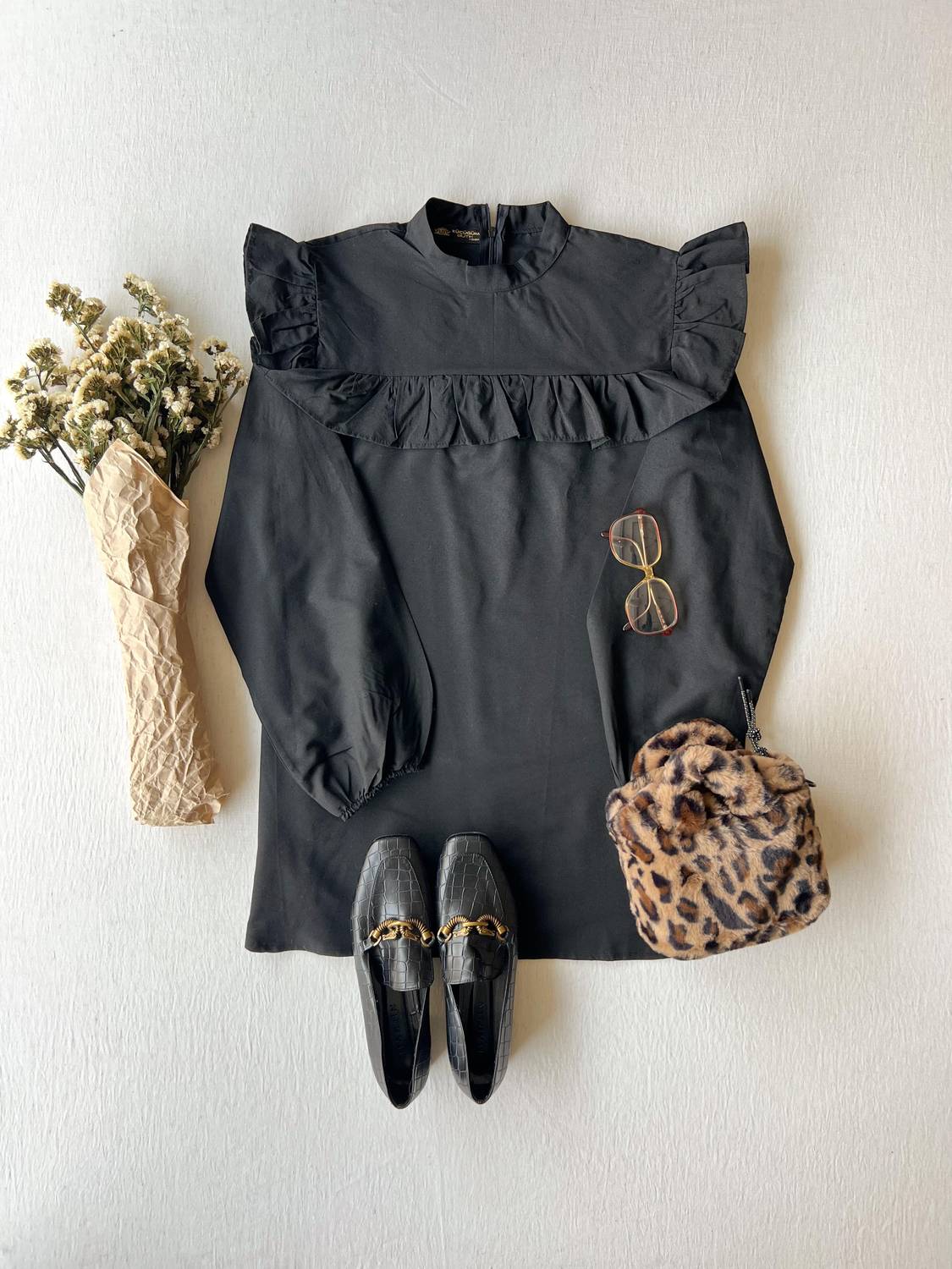 Black Shoulder Ruffle Long Poplin Tunic