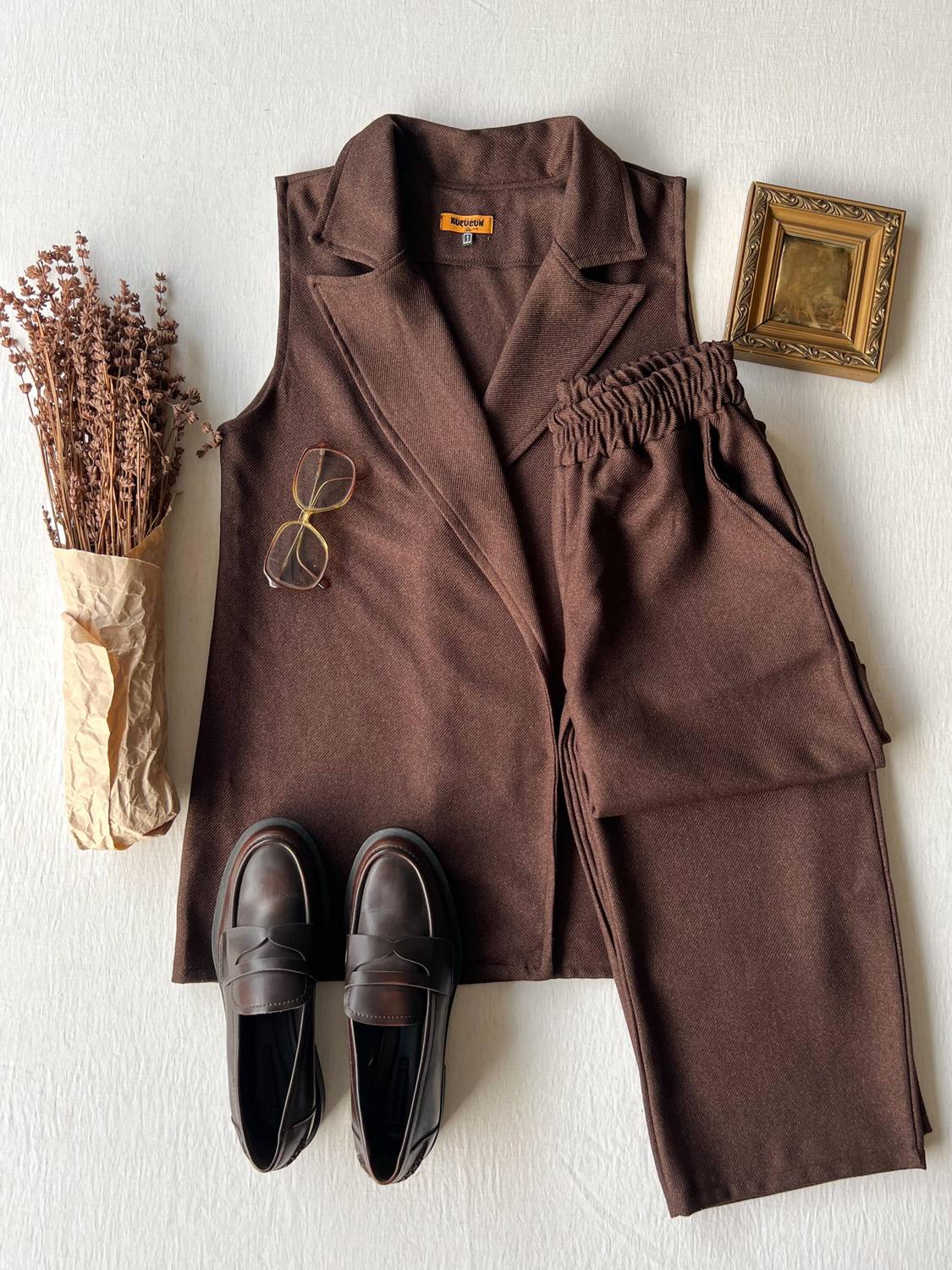 Kahverengi Yün Efekt Yelek-Pantolon 2 li Takım