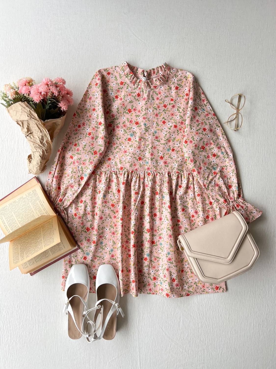 Powder Floral Ruffle Collar Poplin Tunic