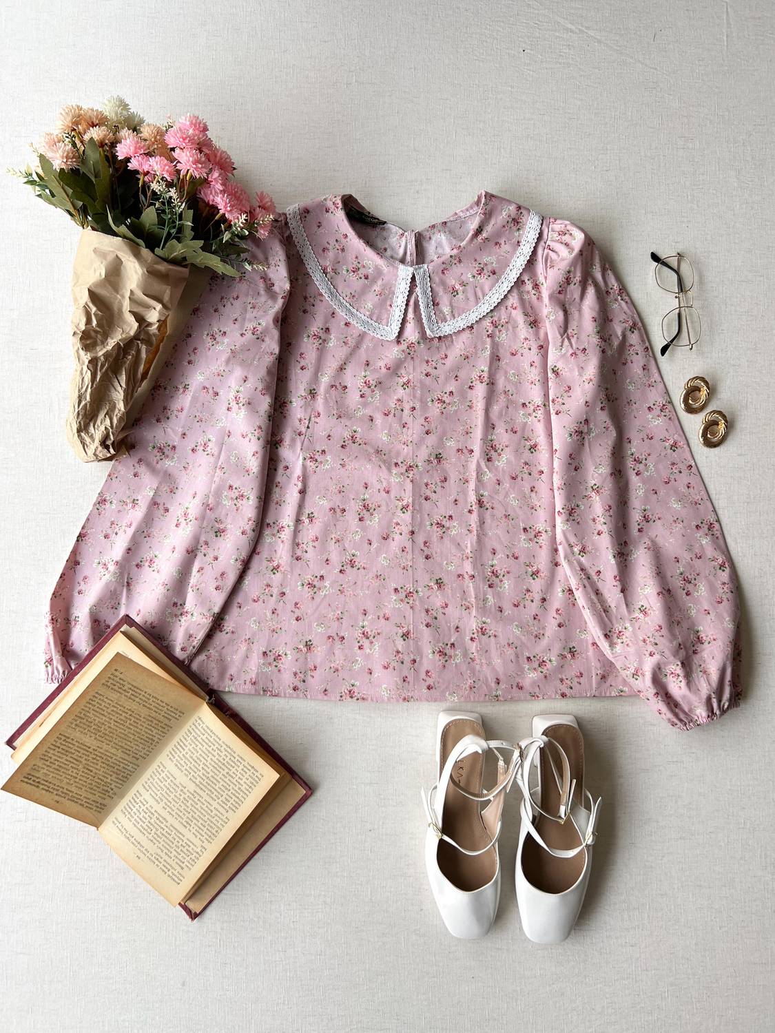  Vintage Pembe-Bordo Çiçekli Bebe Yaka Poplin Bluz