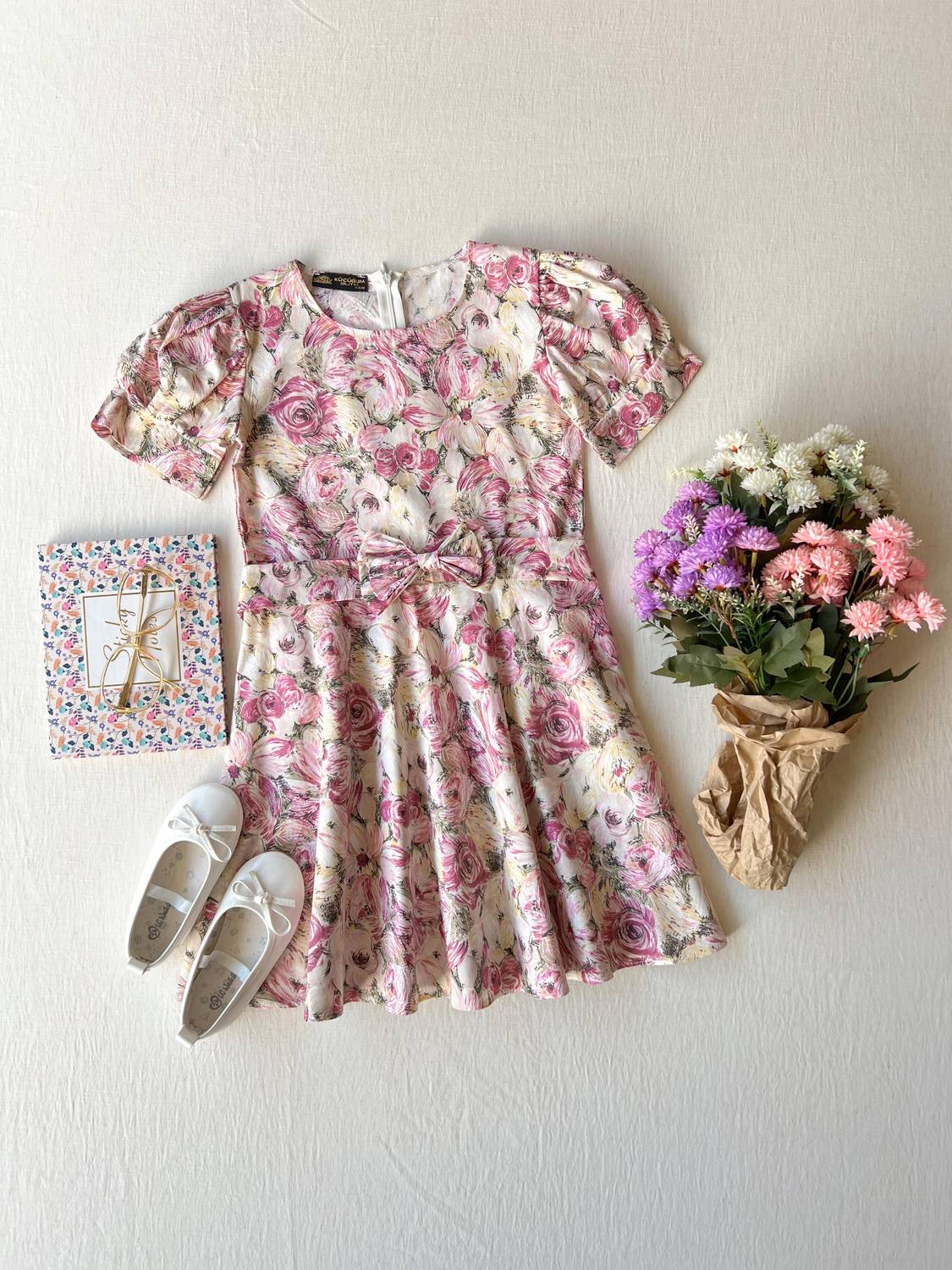 Рожева плаття з квітковим малюнком для дівчаток 6-7 років, 100% бавовна, включає пов'язку для волосся