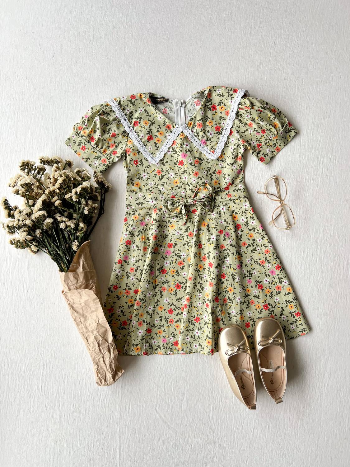 Green Floral Vintage Collar Girls' Dress