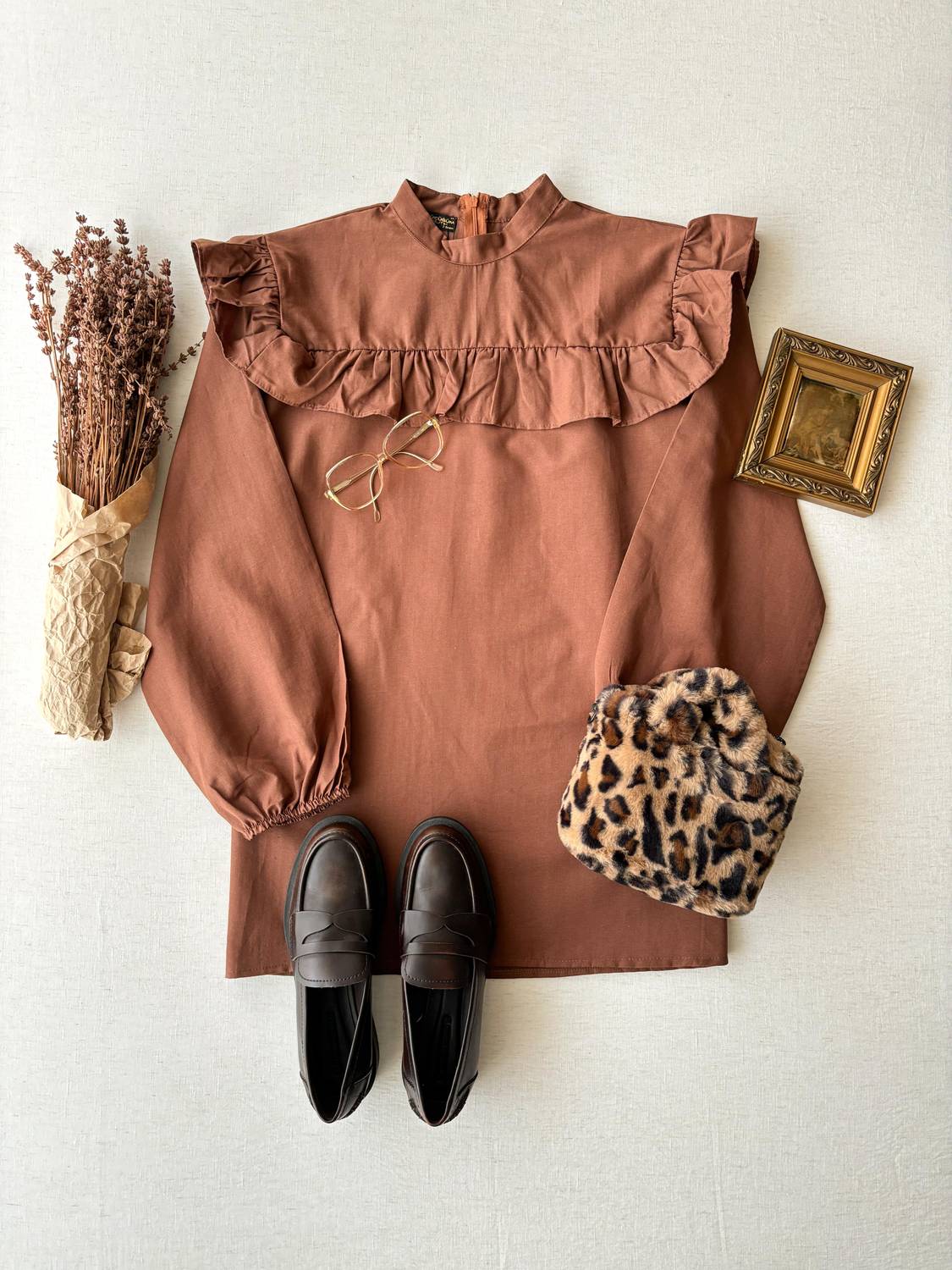 Brown Shoulder Ruffle Long Poplin Tunic