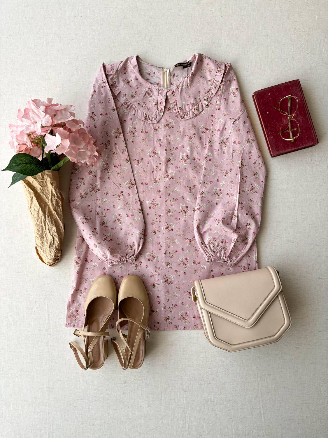 Pink Small Floral Baby Collar Long Poplin Tunic