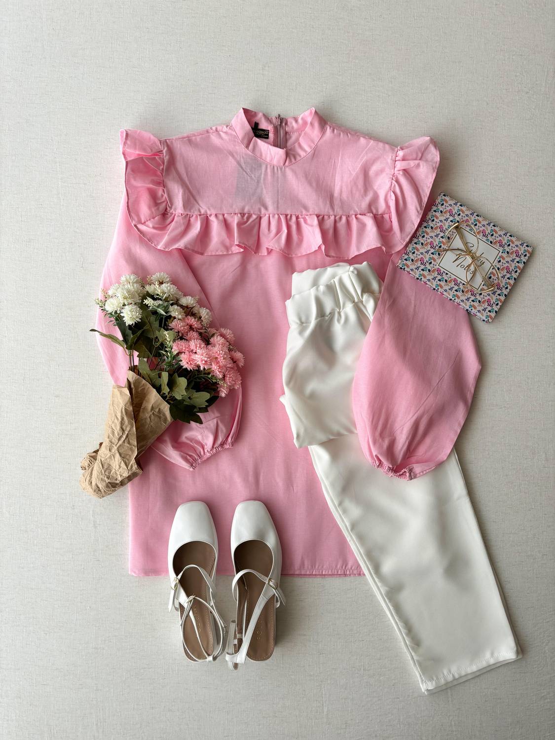 الوردي الكتف كشكش طويل البوبلين تونك