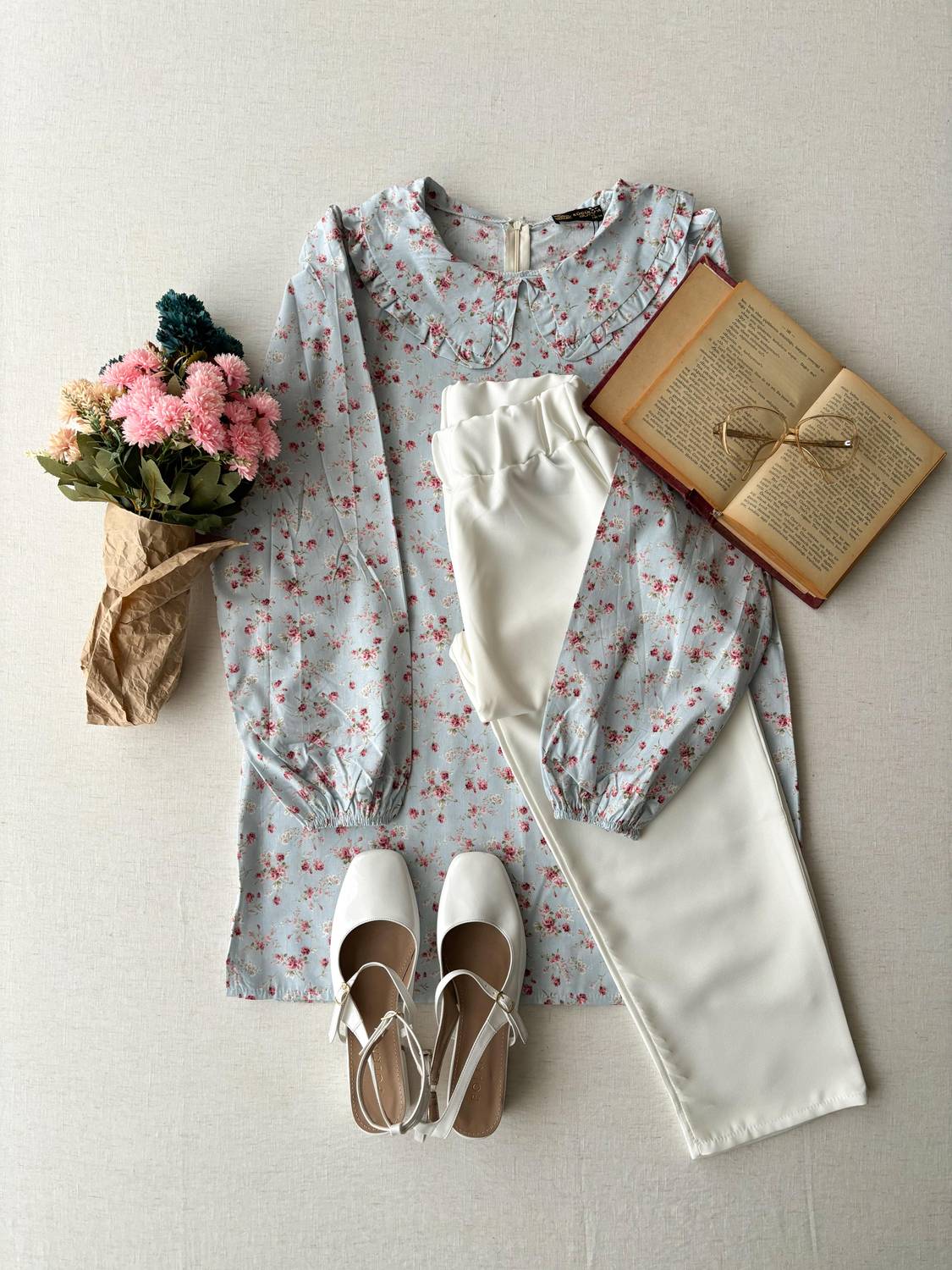 Blue Small Floral Baby Collar Long Poplin Tunic