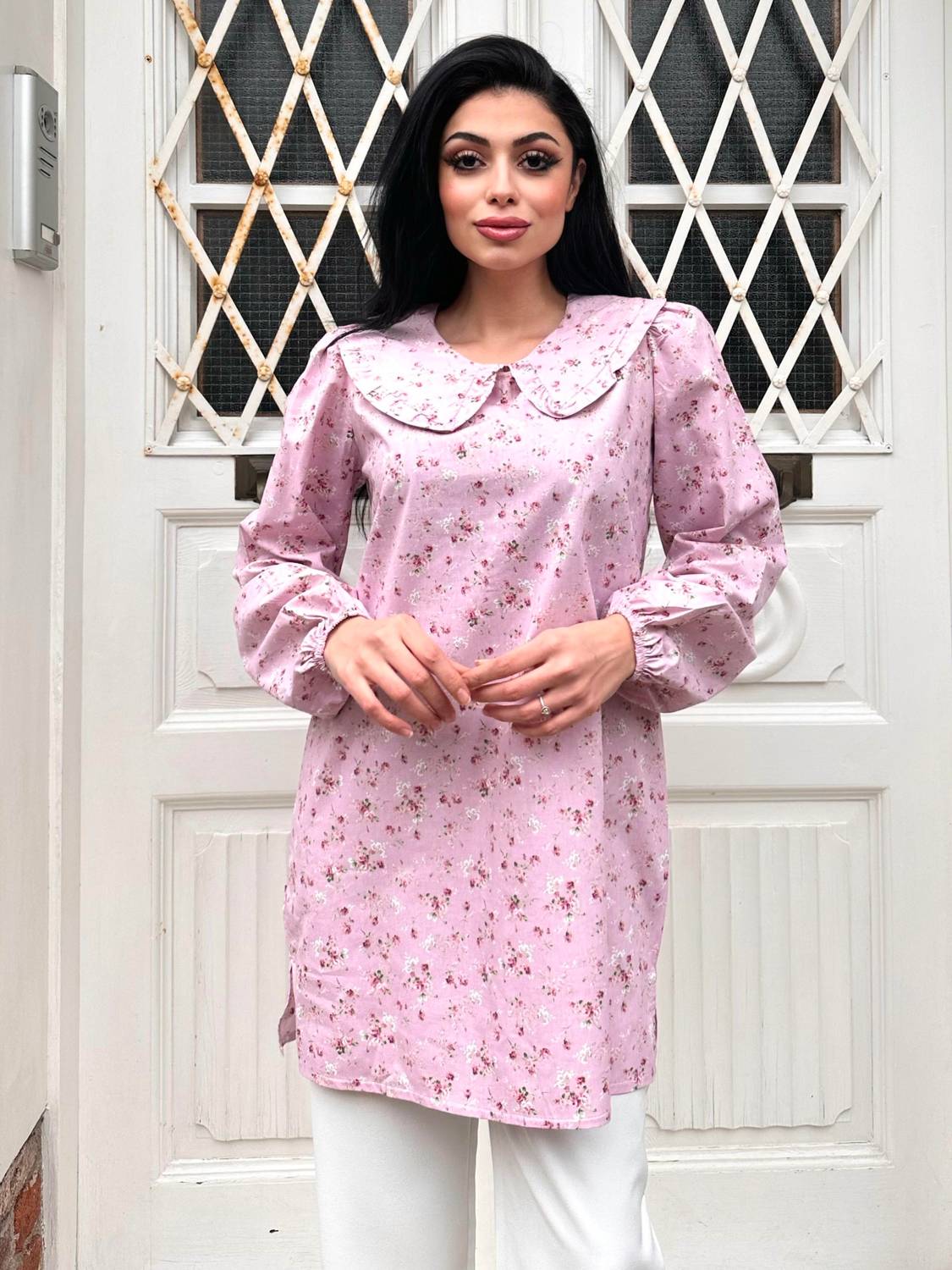 Pink Small Floral Baby Collar Long Poplin Tunic