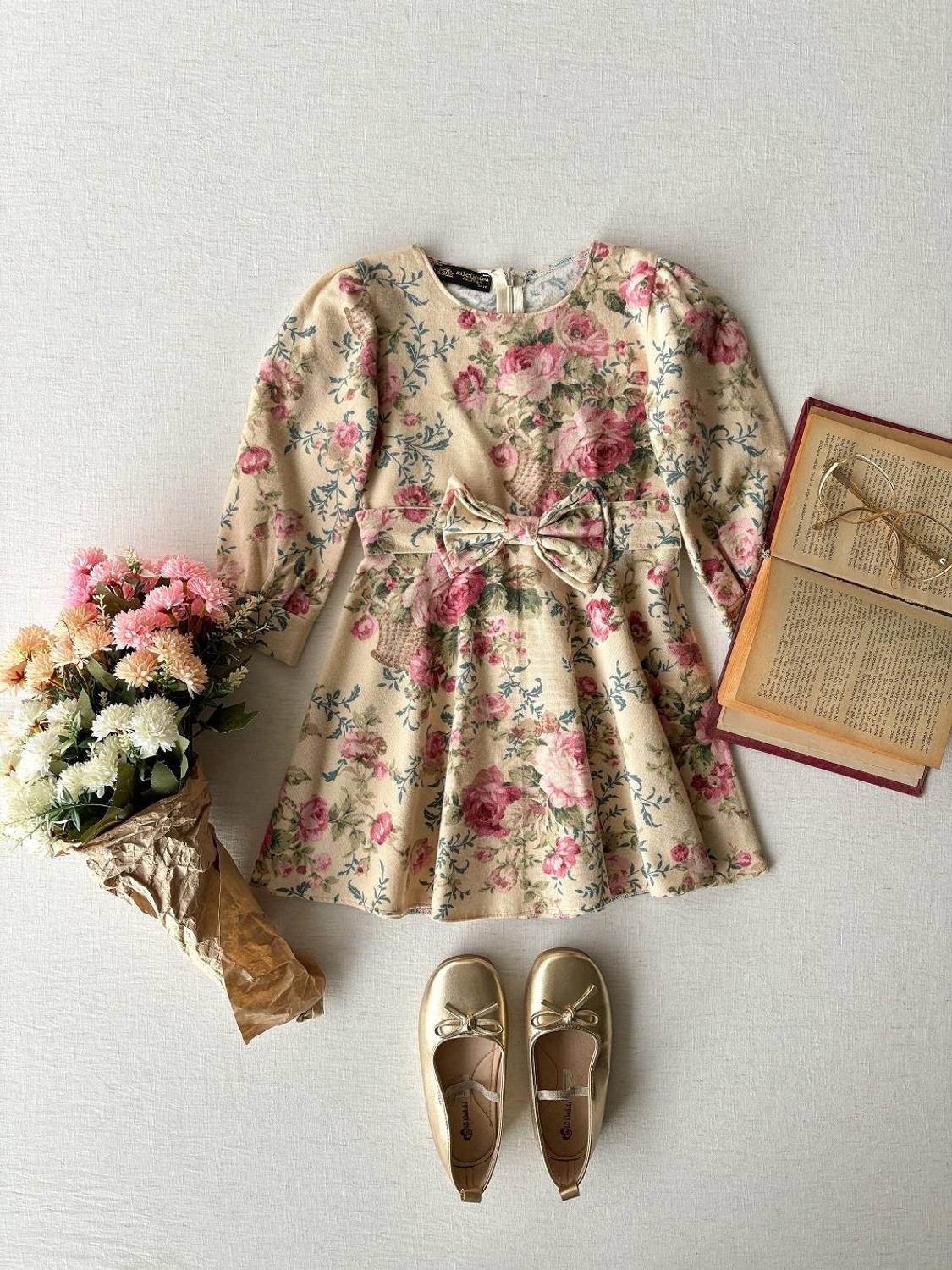 Cream-Pink Floral Flannel Girls' Dress