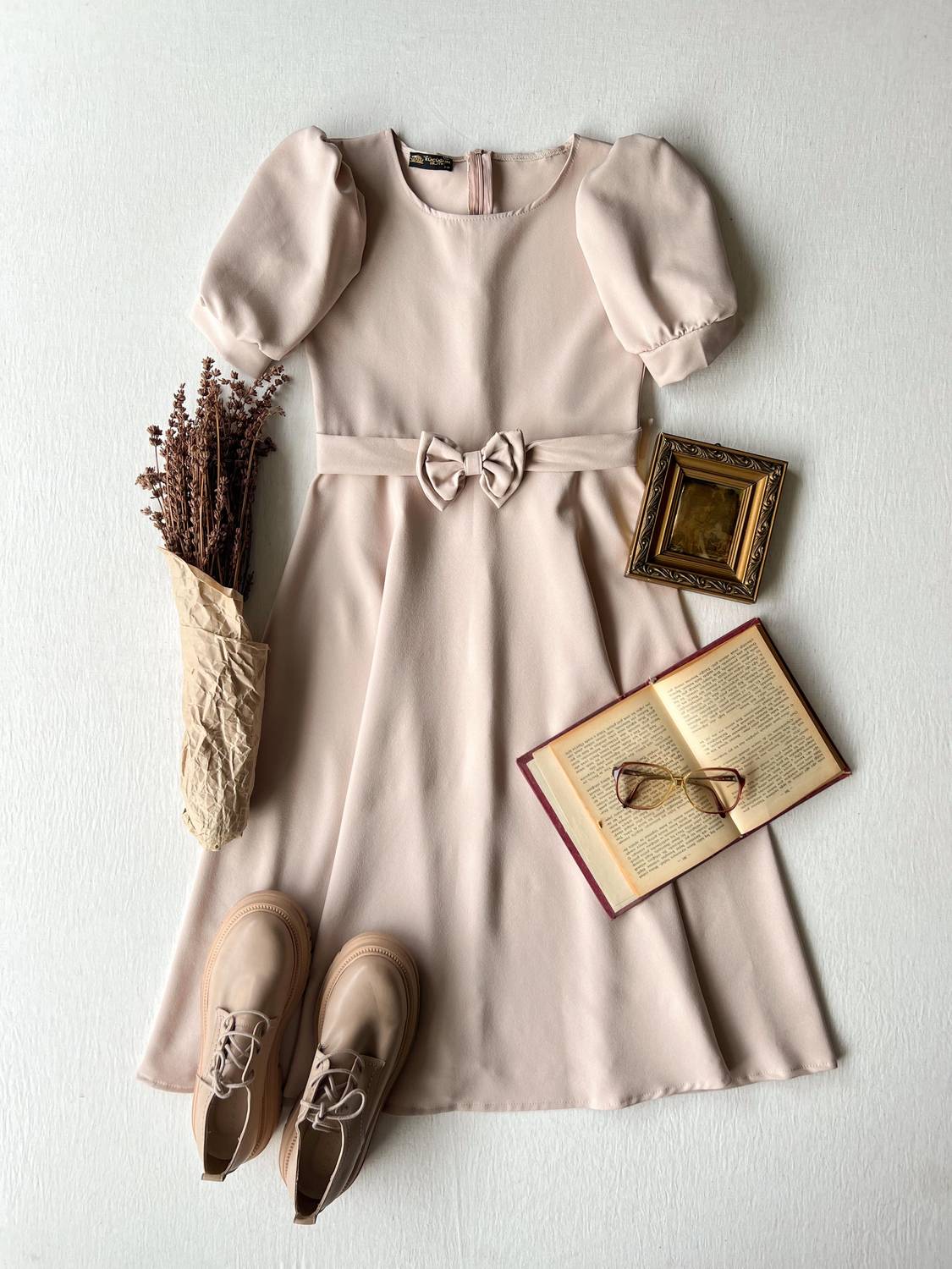 Karpuz Kollu Bej Krep Midi Boy Kloş Elbise