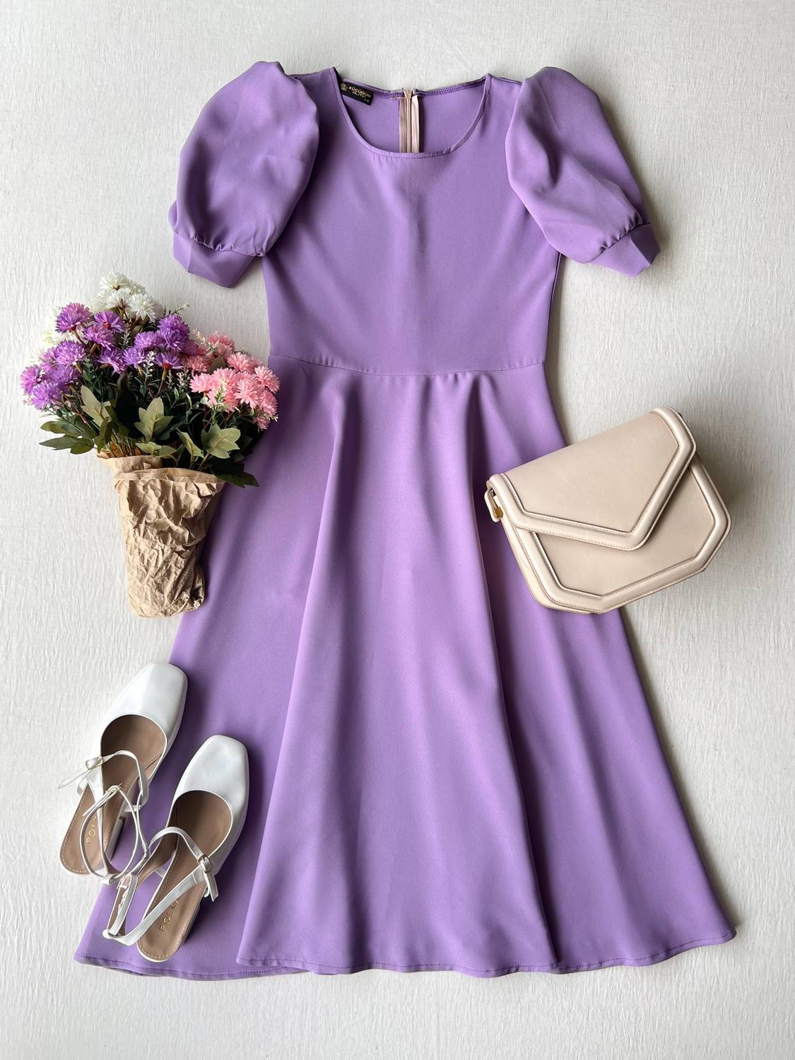 Watermelon Sleeve Lilac Crepe Midi Length Flared Dress