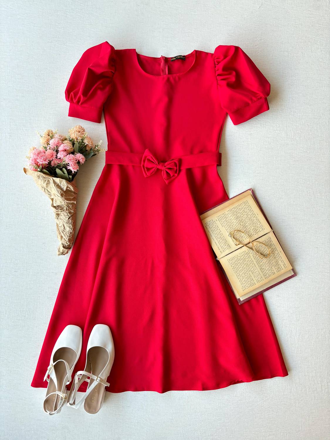 Karpuz Kollu Kırmızı Krep Midi Boy Kloş Elbise