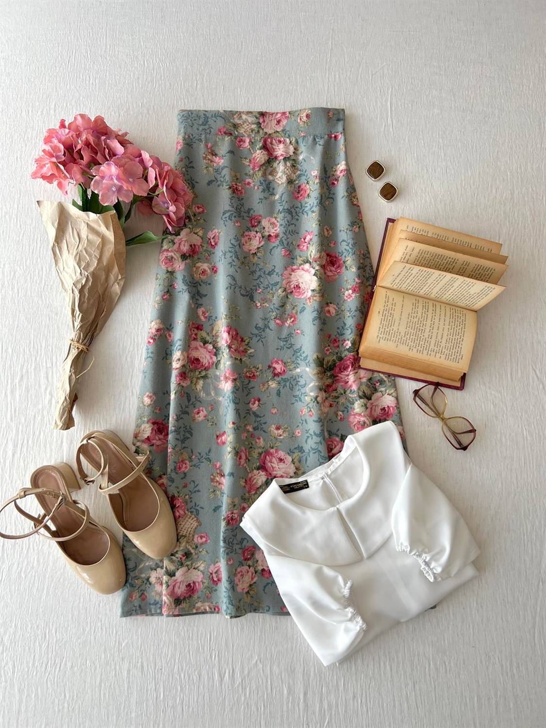 Long Turquoise-Pink Floral Flannel Skirt