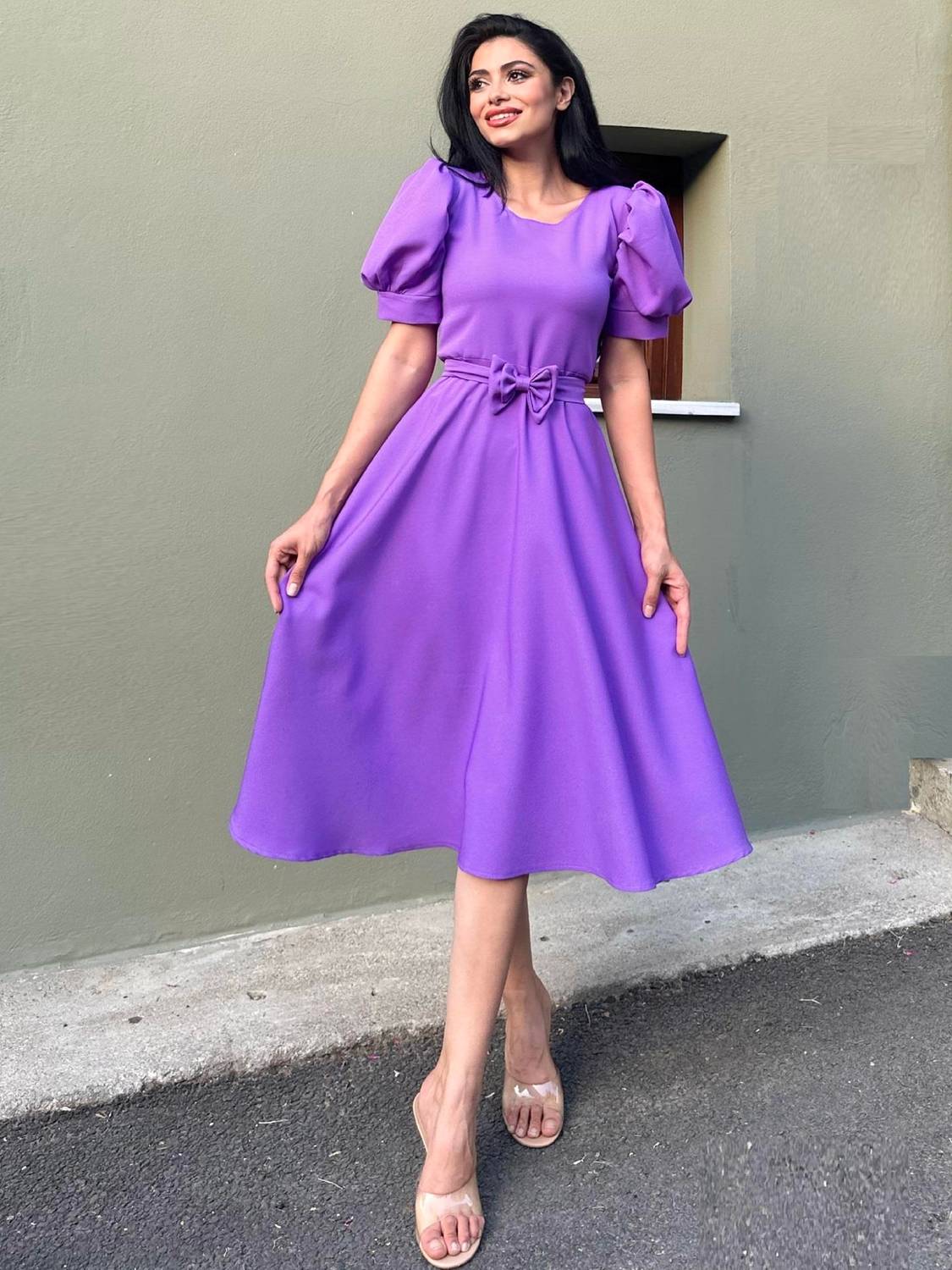 Lilac Color Watermelon Sleeve Flared Crepe Dress