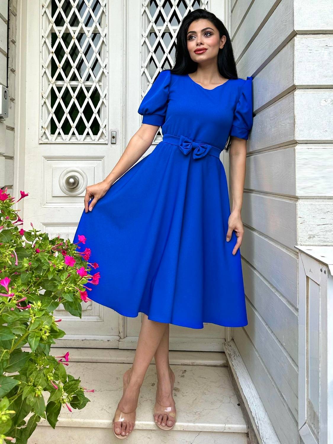 Saks Mavisi Karpuz Kol Kloş Krep Elbise