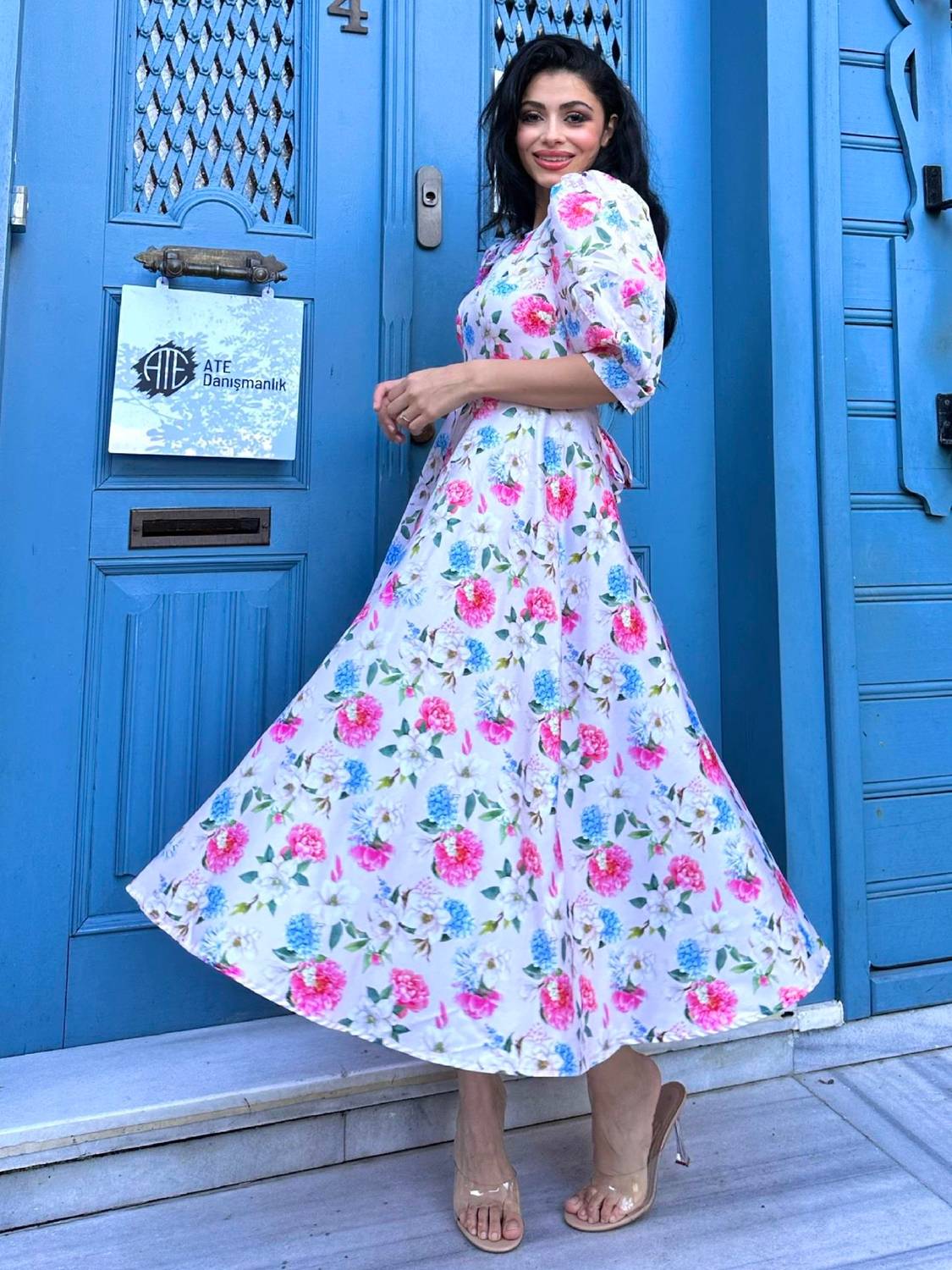 Hydrangea Floral Satin Midi Length Flared Dress