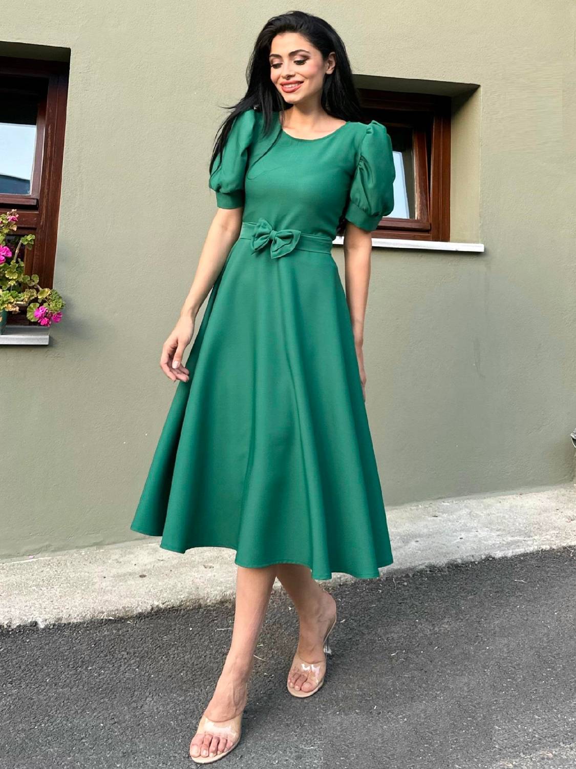 Yeşil Rengi Karpuz Kol Kloş Krep Elbise
