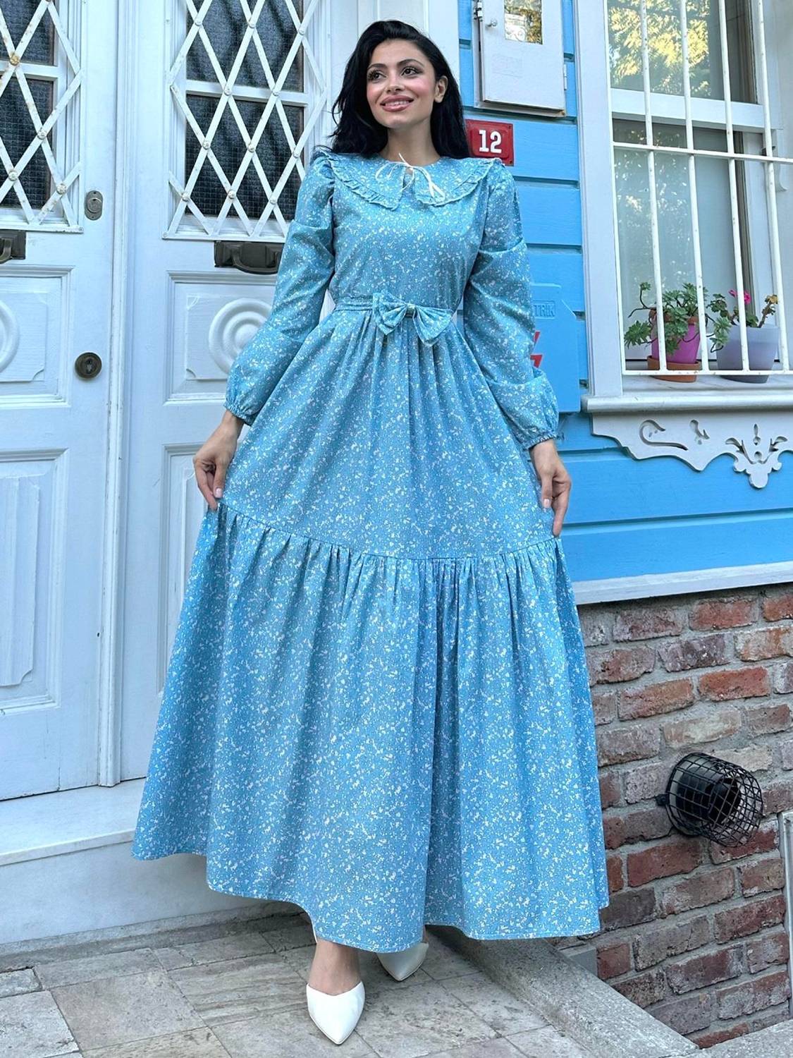 Hijab Standing Collar Blue Poplin Layered Dress