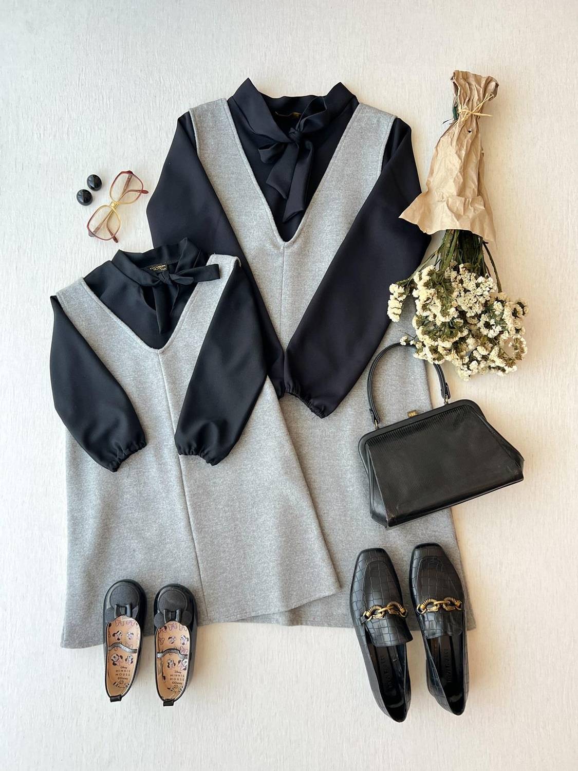 Gri Renk Kaşe Jile Elbise Anne Kız Kombini