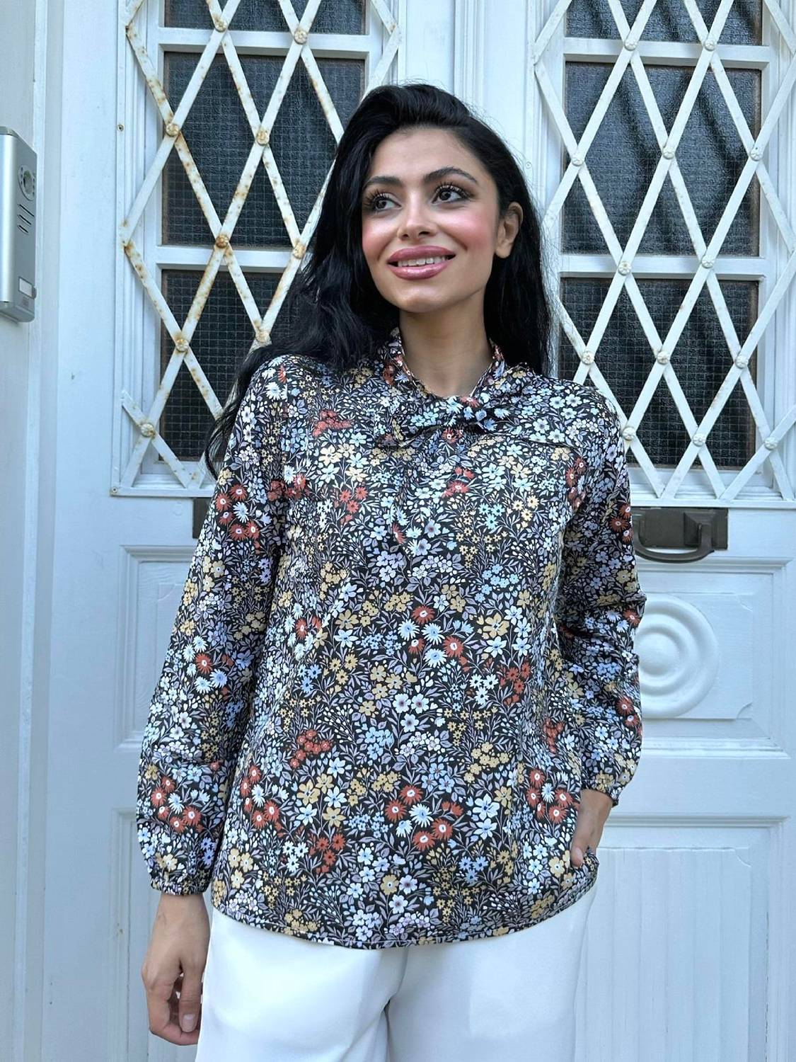 Black Background Blue Floral Halter Poplin Blouse