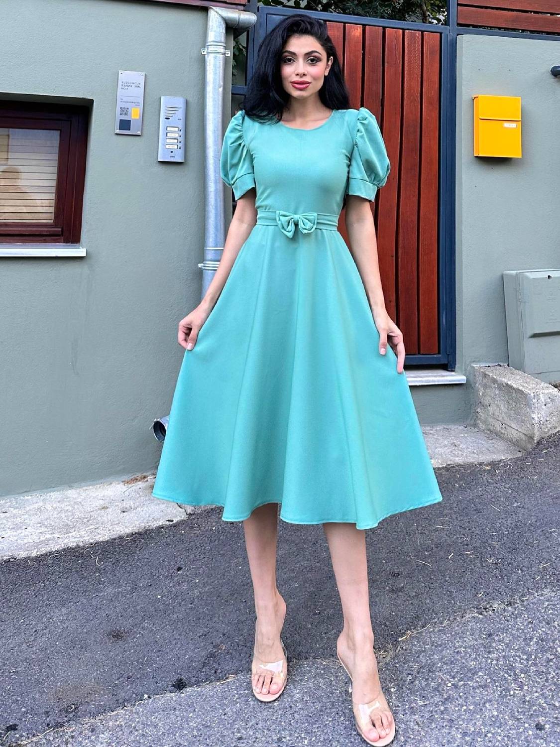 Green Crepe Midi Length Flared Dress with Watermelon Sleeves