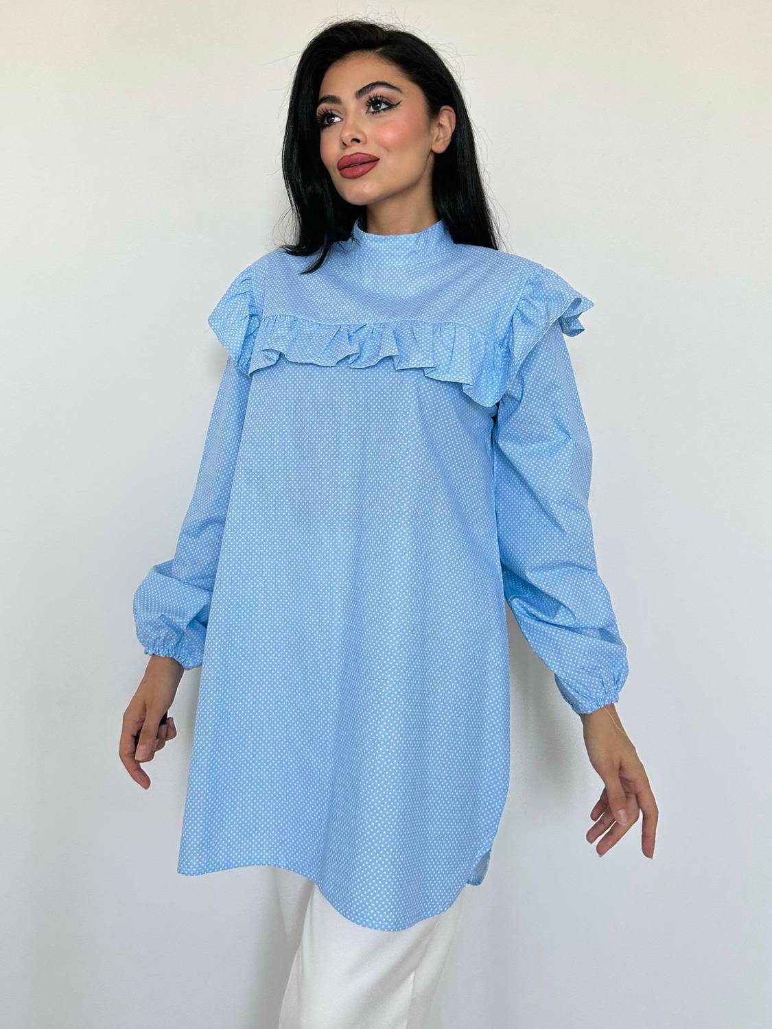 Mavi Puantiyeli Fırfırlı Uzun Poplin Tunik