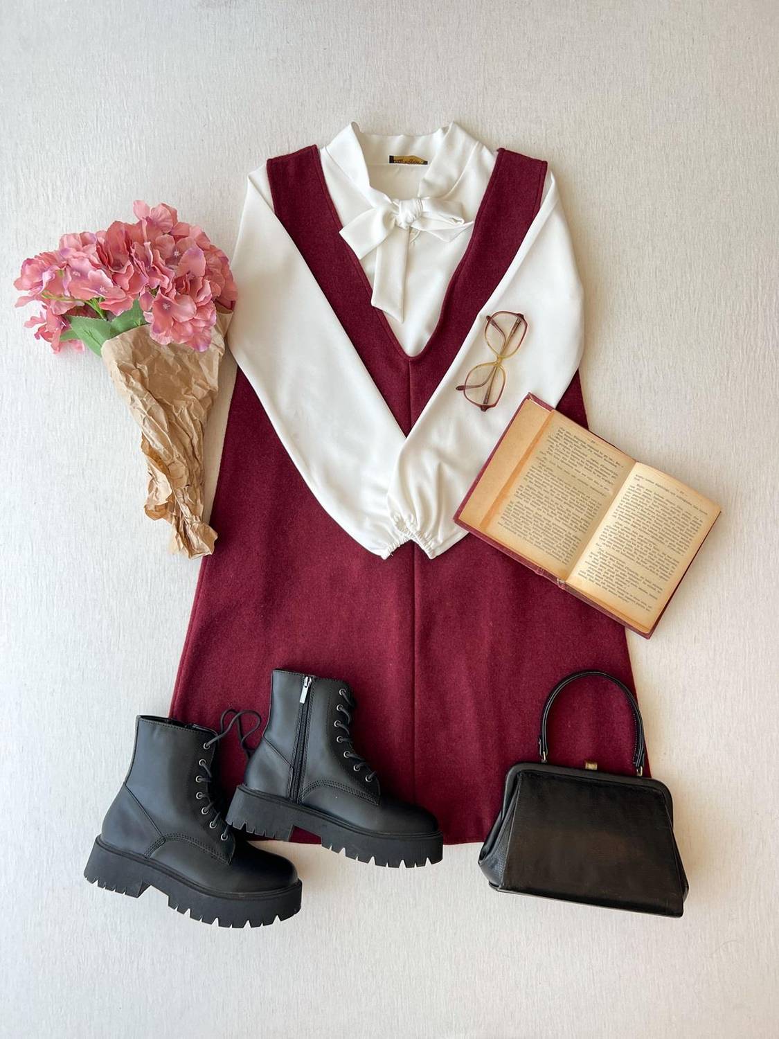 Bordo Renk Kaşe Kadın Kısa Jile Elbise