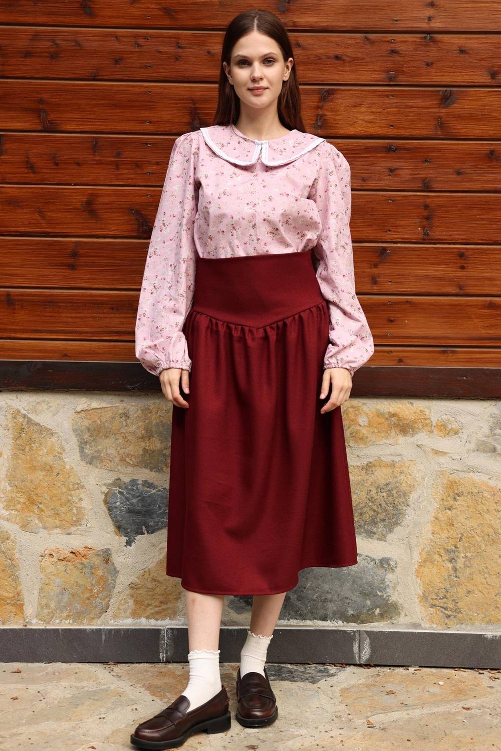 Vintage Belted Burgundy Wool Effect Skirt