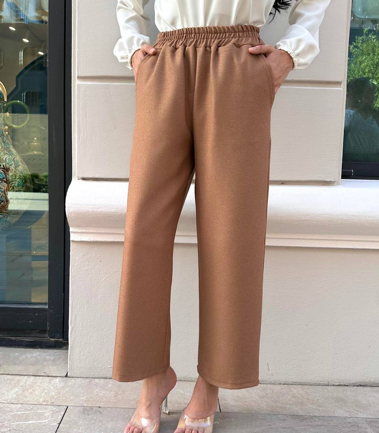 Women's Tan Color Wool Effect Trousers