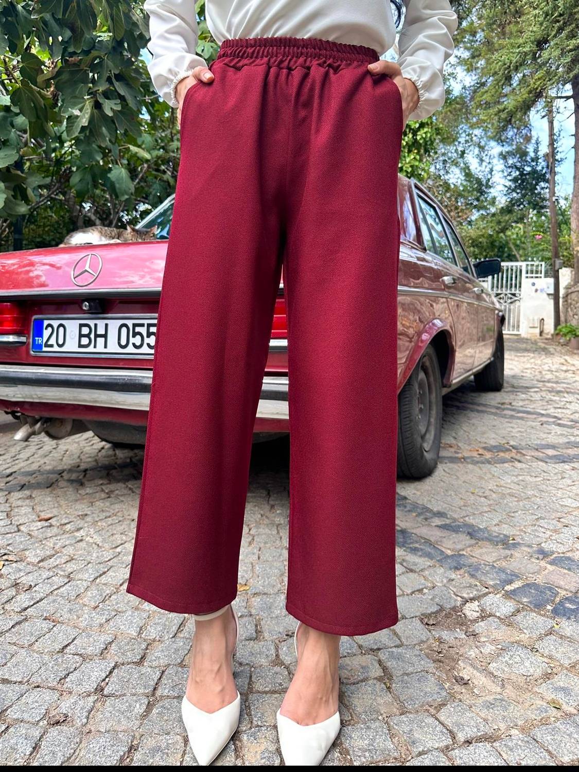 Women's Burgundy Color Wool Effect Trousers