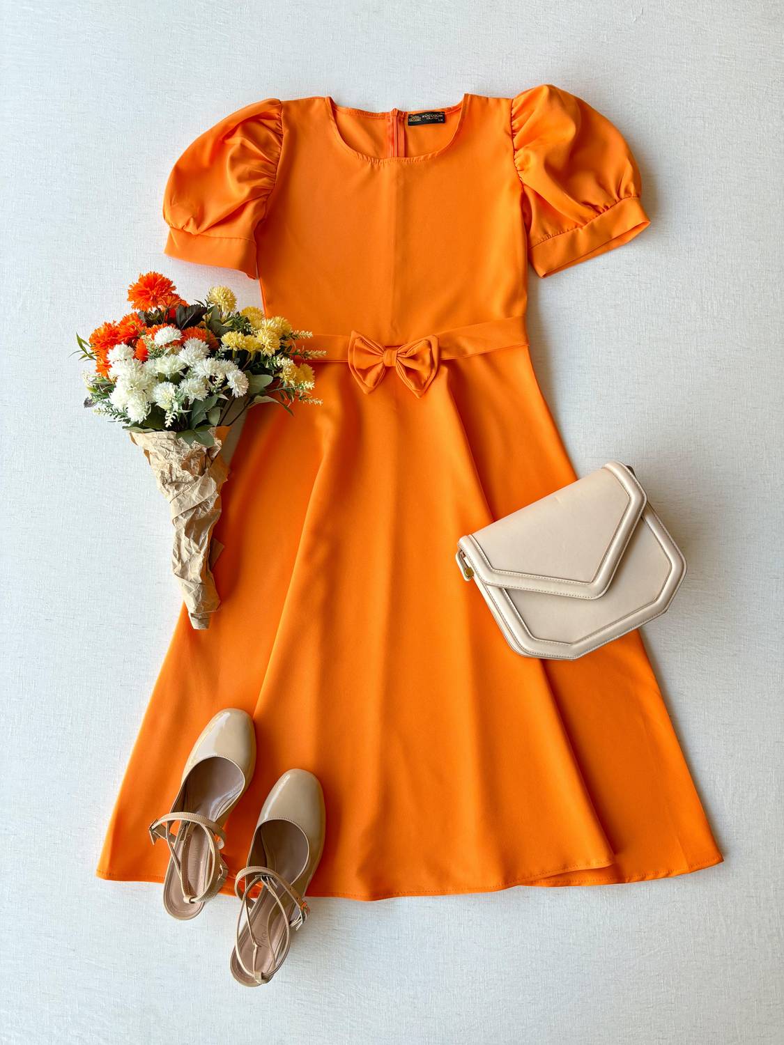 Karpuz Kollu Turuncu Krep Midi Boy Kloş Elbise