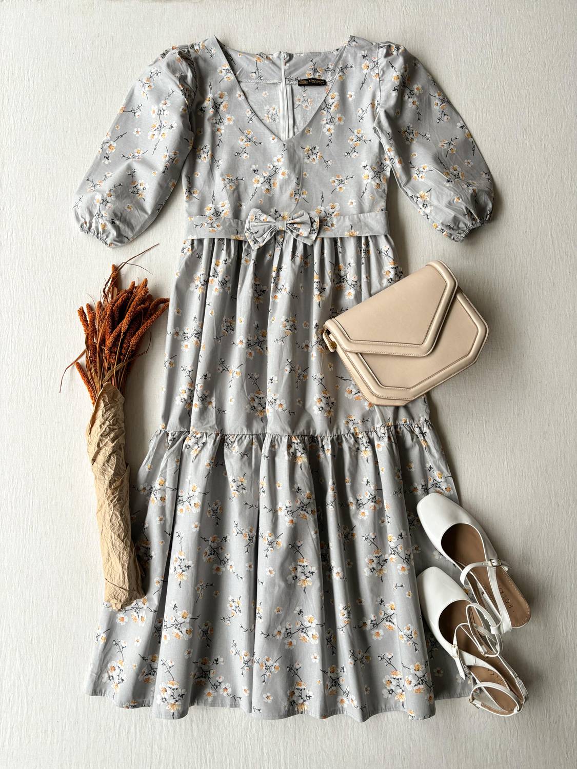 Gray V-Neck Midi Length Spring Dress